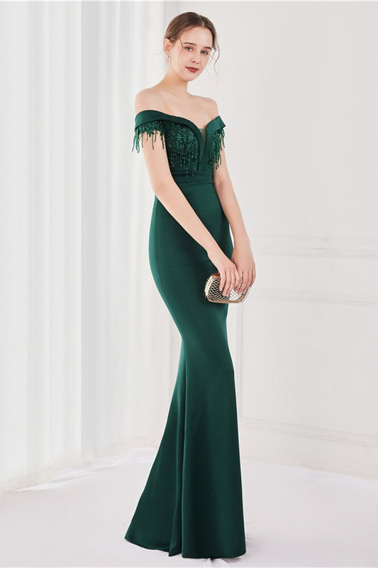 Dark Green V-Neck Mermaid Off-The-Shoulder Evening Dress With Appliques Tassel