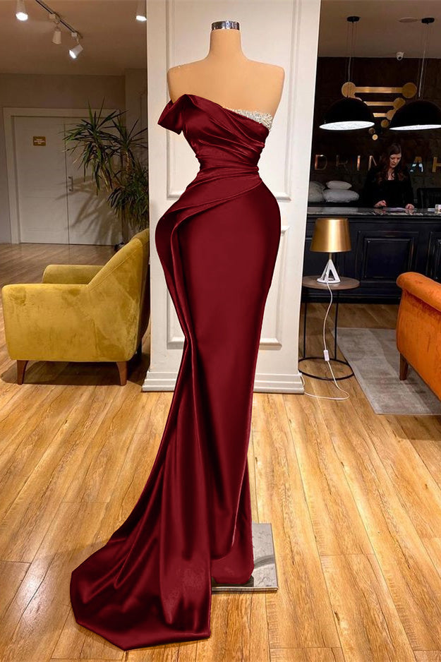 Long Red Strapless Prom Dress Mermaid With Beadings