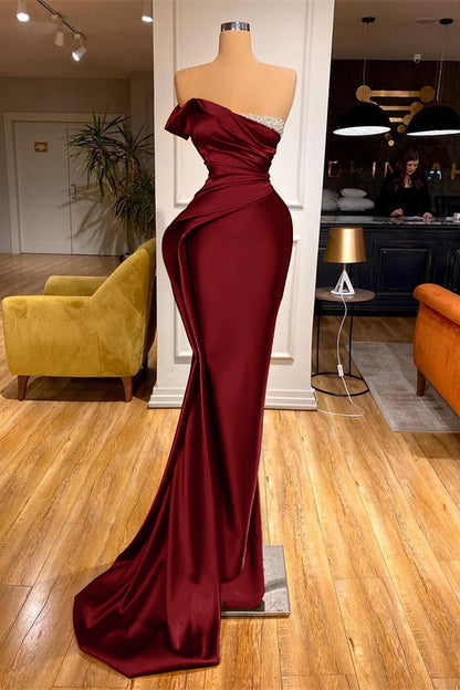 Long Red Strapless Prom Dress Mermaid With Beadings