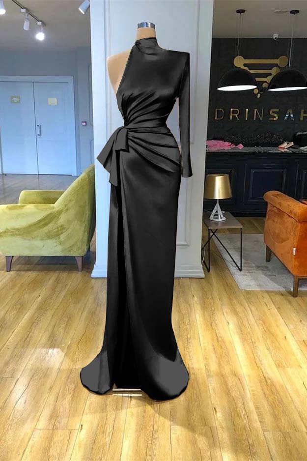 High Neck Champagne Mermaid Prom Dress Long Sleeves Split