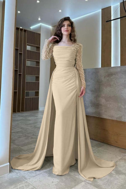 Gentle Beaded Long Sleeves Prom Dress With Detachable Trail