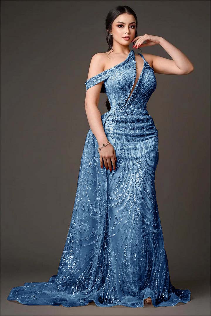 One-Shoulder Sleeveless Beaded Embroidery Mermaid Prom Dress