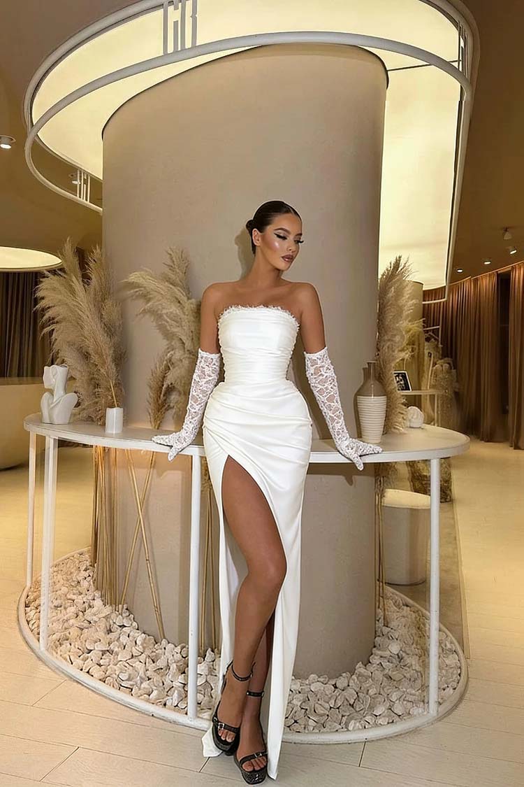 Black Sleeveless Strapless Square Mermaid Lace Prom Dress With Gloves