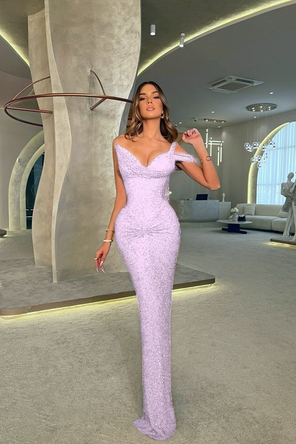 One Shoulder V-Neck Long Mermaid Prom Dress Sleeveless with Sequins