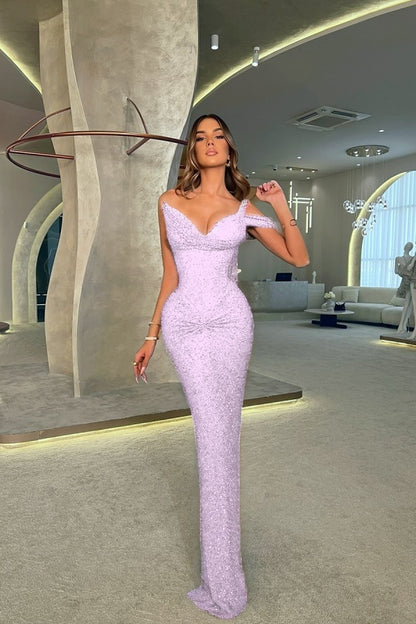 One Shoulder V-Neck Long Mermaid Prom Dress Sleeveless with Sequins