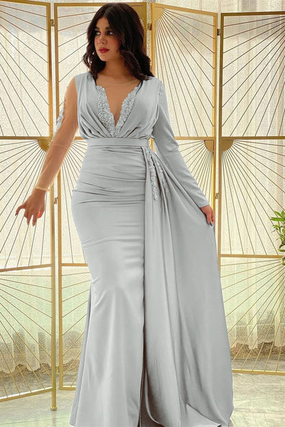 Mermaid Long Sleeves Prom Dress Slit With Ruffle