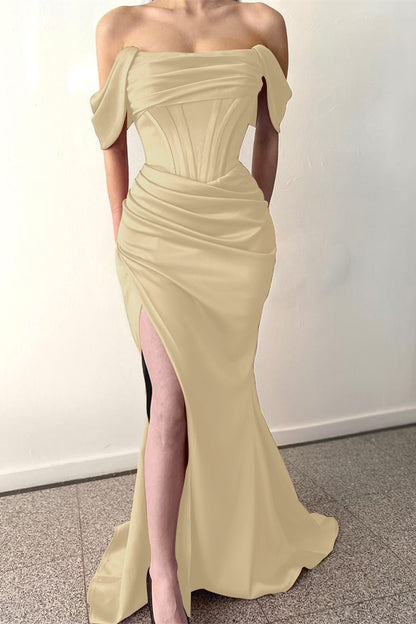 Off-The-Shoulder Dusty Rose Pleated Prom Dress Mermaid Split