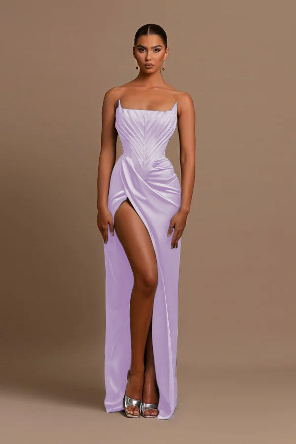 Elegant Dark Green Square Neck Slit Sleeveless Prom Dress With Pleats
