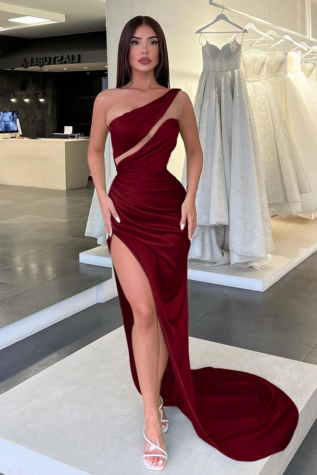 Light Green One-Shoulder Long Sleeveless Slit Evening Dress