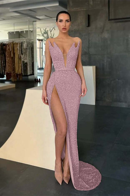 Sleeveless V-Neck Evening Dress Sequins Mermaid With Slit