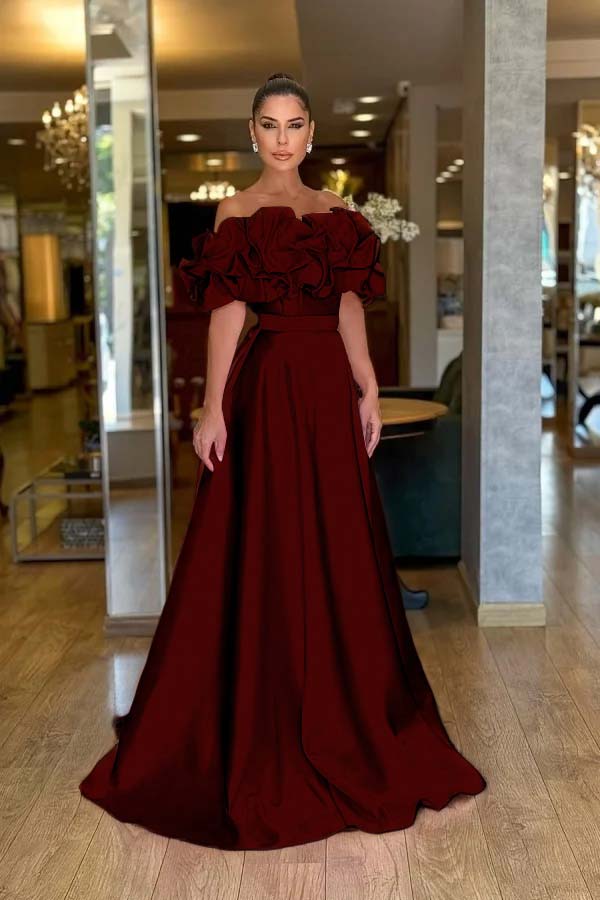 Lovely Pink Off-The-Shoulder Prom Dress With Handmade Flower