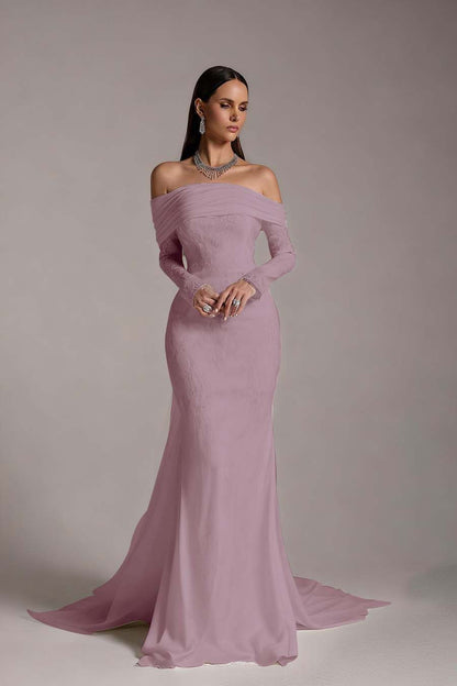 Stunning Prints Off the Shoulder Long Sleeves Mermaid Prom Dress with Pleated