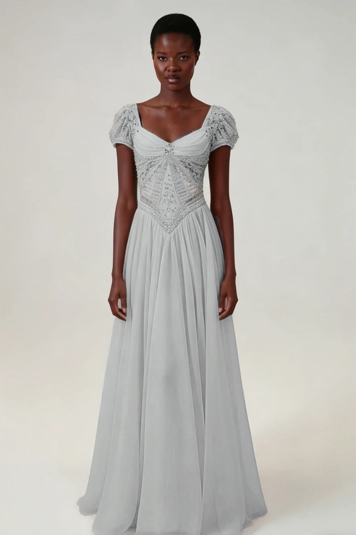 Stunning Blushing Pink Chiffon Sleeveless Long Evening Dress With Sequins