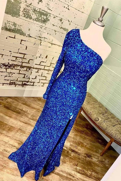 Long Sleeves One Shoulder Prom Dress Sequins With Slit