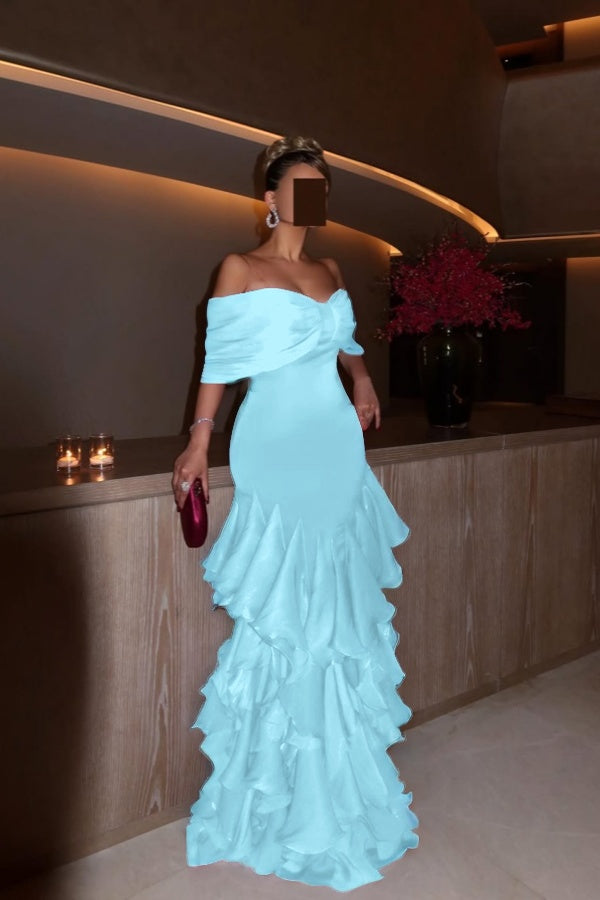 Glamorous Orchid Off the Shoulder Ruffles Evening Dress with Pleated
