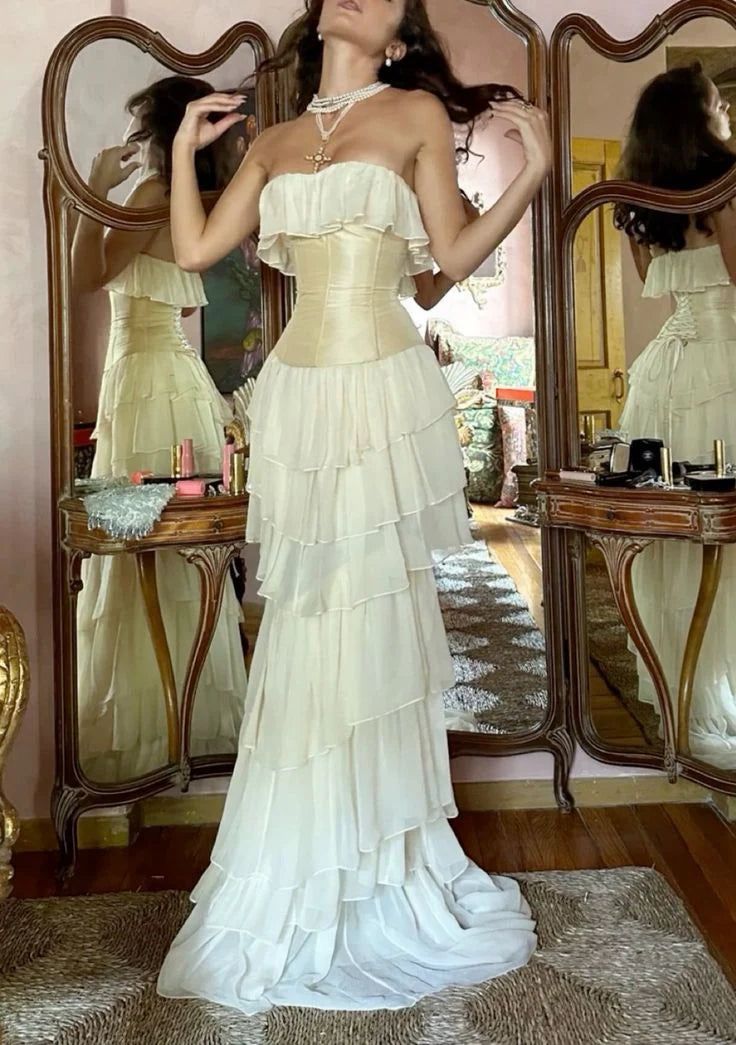 Unique Sheath Strapless Tiered Chiffon Satin Long Prom Dress Evening Dress SH2373