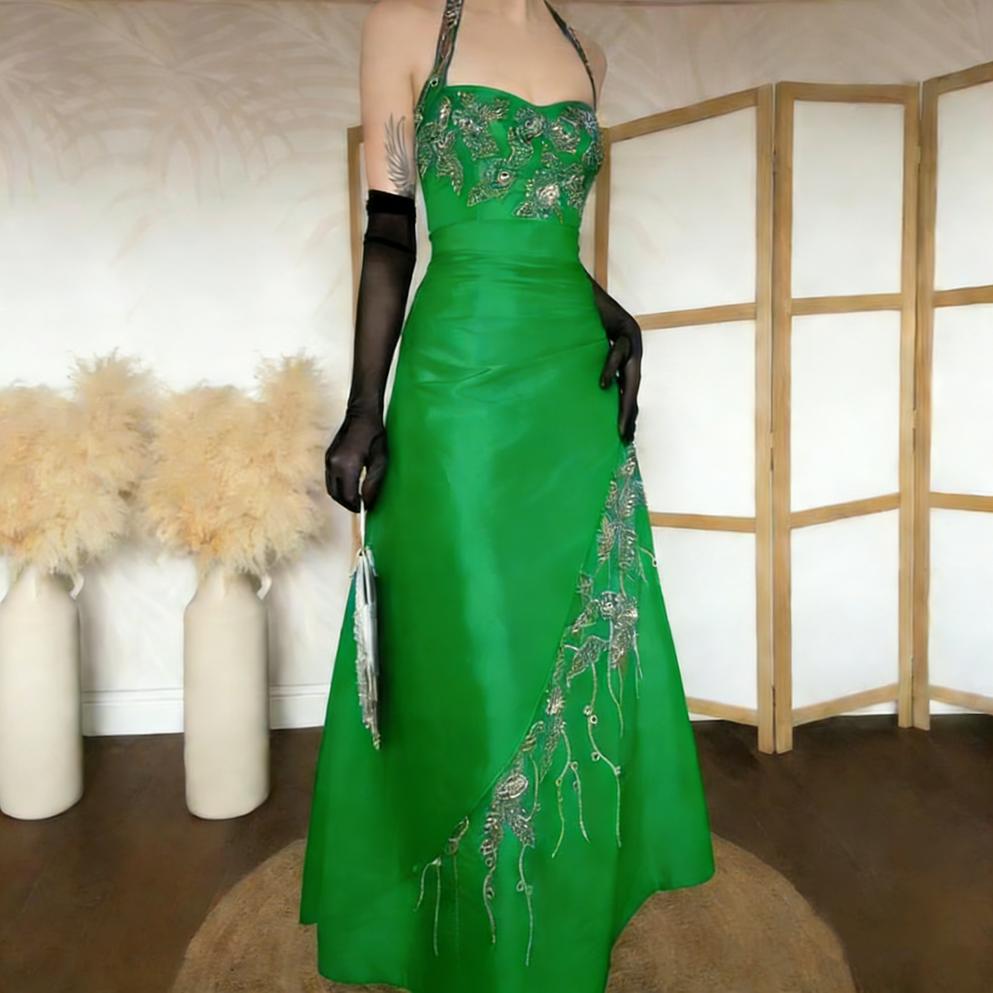 Vintage Halter Brown Satin Beaded Mermaid Evening Dress Long Party Dress Prom Gown With Gloves D1906