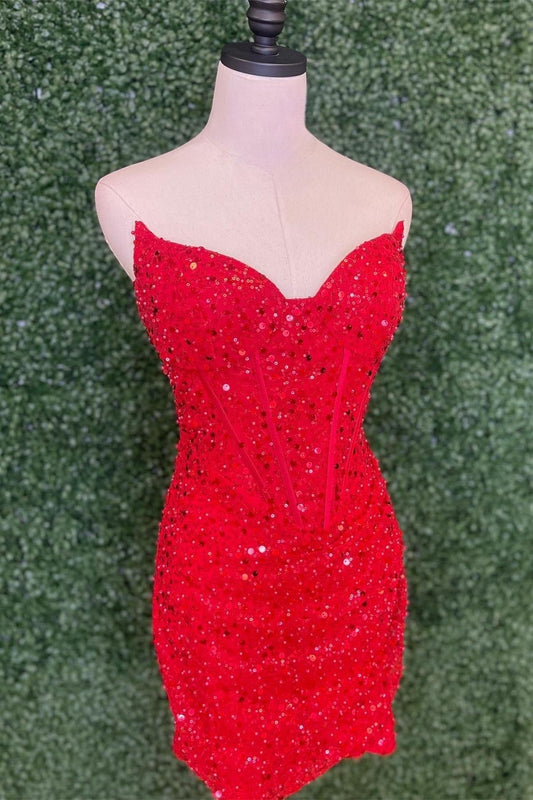 Red Strapless Sheath Sequins Homecoming Dress