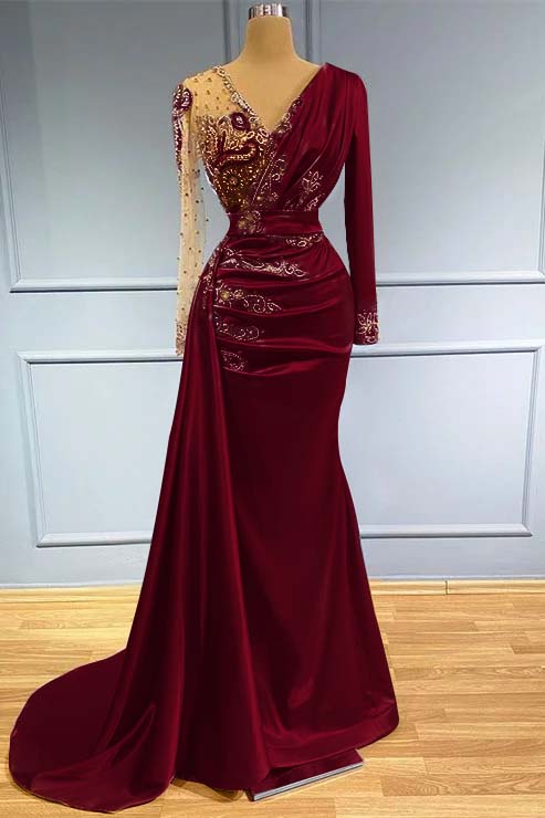 Long Sleeves Beadings Prom Dress V Neck Mermaid