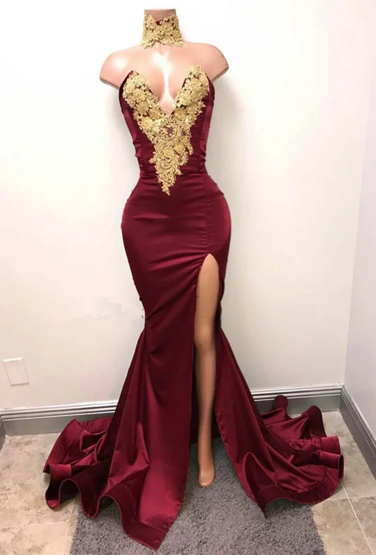 Mermaid Burgundy V-Neck Prom Dress Split With Lace Appliques