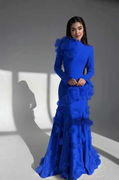 Elegant Long Sleeves Long Evening Dress With Handmade Flower
