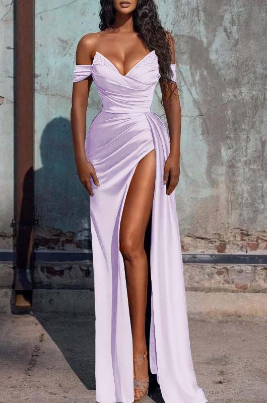Mermaid Dusty Blue Off-the-Shoulder Prom Dress With Slit