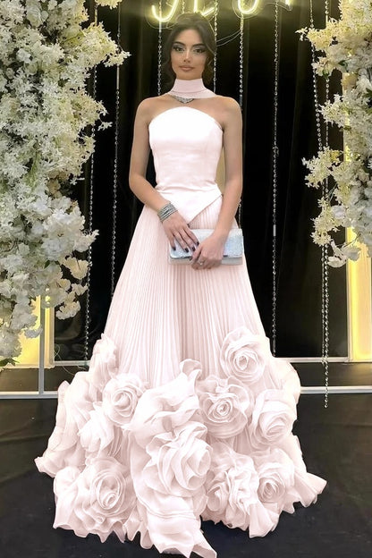 Strapless Sleeveless Long Ruffle Evening Dress With Flower Pleated