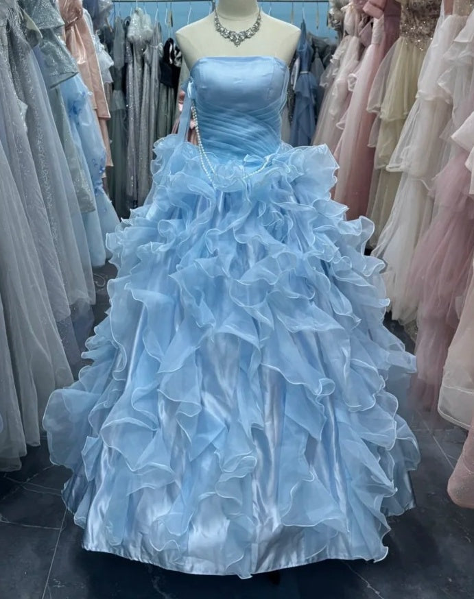 Beauty Ball Gown Light Blue Strapless Ruffle Evening Dress Gala Prom Gown Quinceanera Dress      D5035
