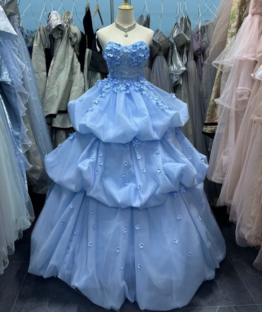 Chic Ball Gown Blue Sweetheart Pleated Floral Quinceanera Dress Evening Dress Gala Prom Gown       D5042