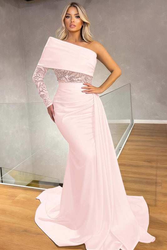 Sexy One Shoulder Long Sleeve Mermaid Evening Dress With Ruffles Sequins