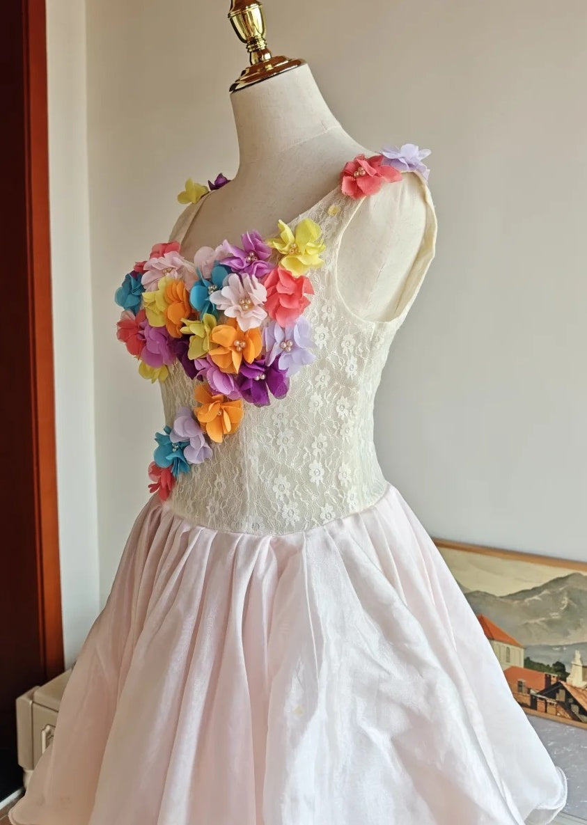 Colorful Homecoming Dress Crew Neck Pleated Floral Short Prom Dress Back to School Outfits Graduation Dress  D5062