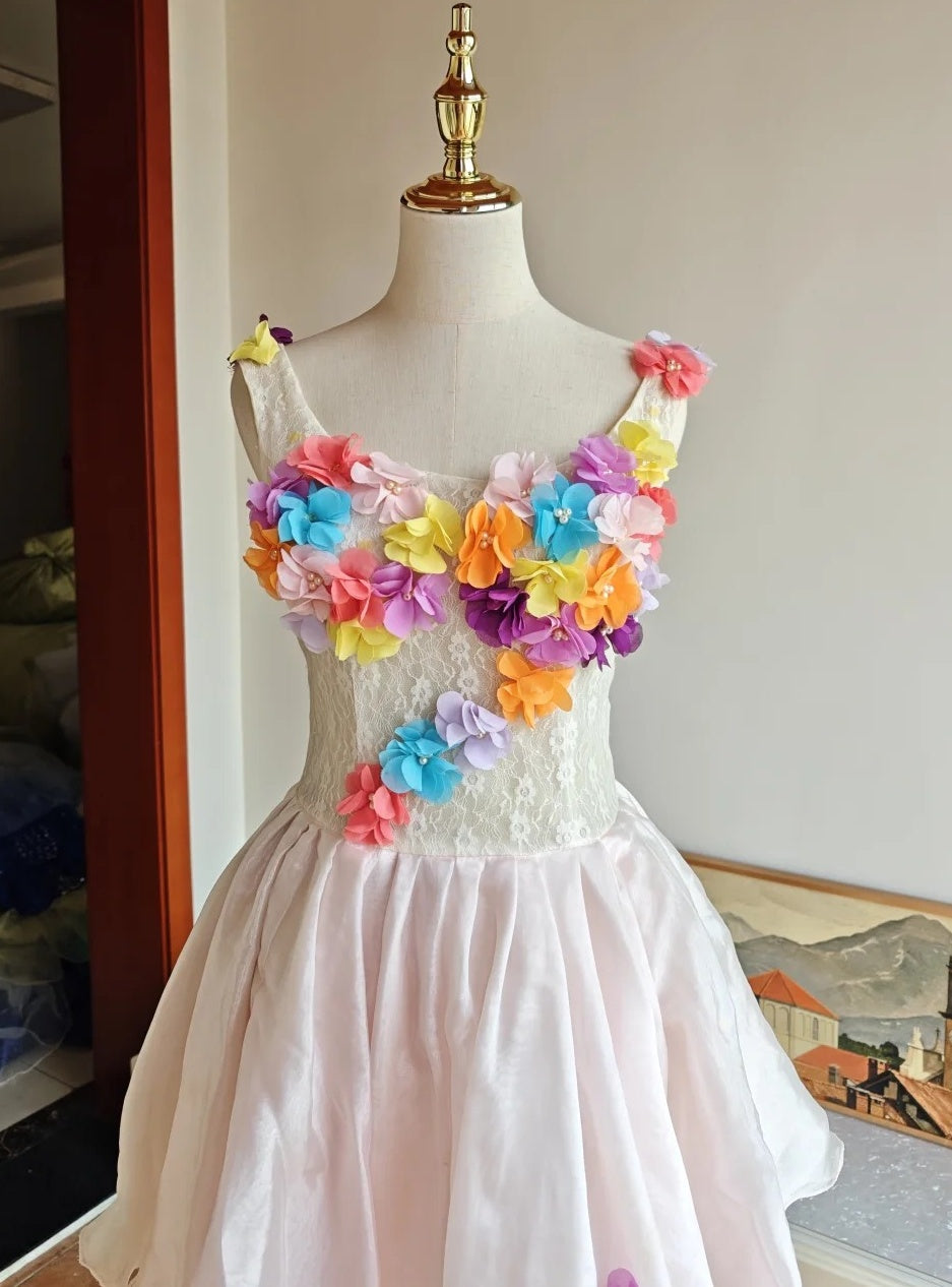 Colorful Homecoming Dress Crew Neck Pleated Floral Short Prom Dress Back to School Outfits Graduation Dress  D5062