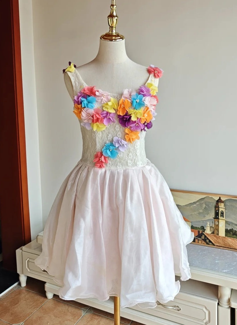 Colorful Homecoming Dress Crew Neck Pleated Floral Short Prom Dress Back to School Outfits Graduation Dress  D5062