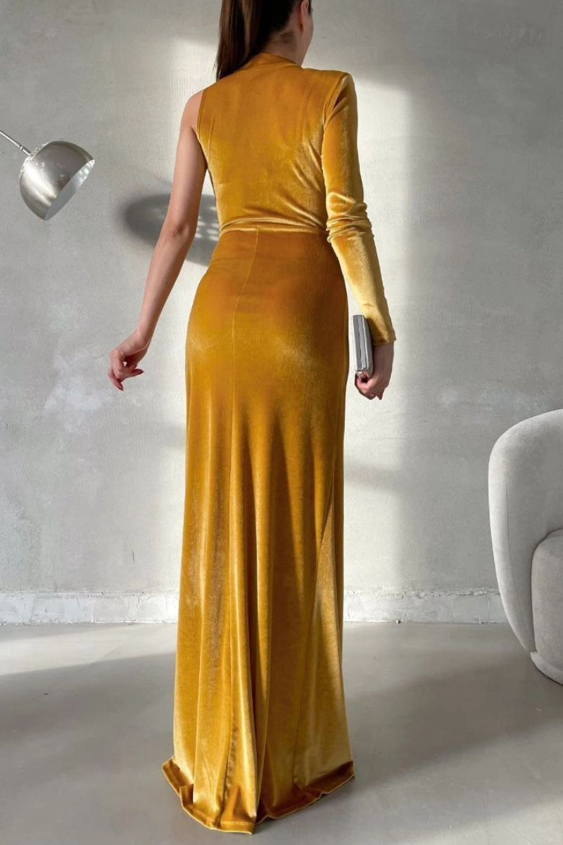 Charming Black Velvet One Shoulder Long Sleeves Long Prom Dress with High Split