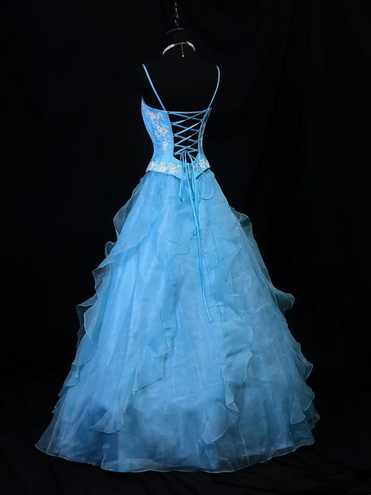 Beauty A Line Prom Dress Light Blue Spaghetti Straps Ruffle Formal Gown Evening Dress 18th Outfits     D5064