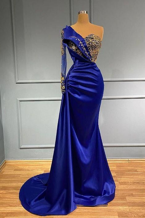 Dark Blue Long Sleeve One Shoulder Mermaid Prom Dress With beads