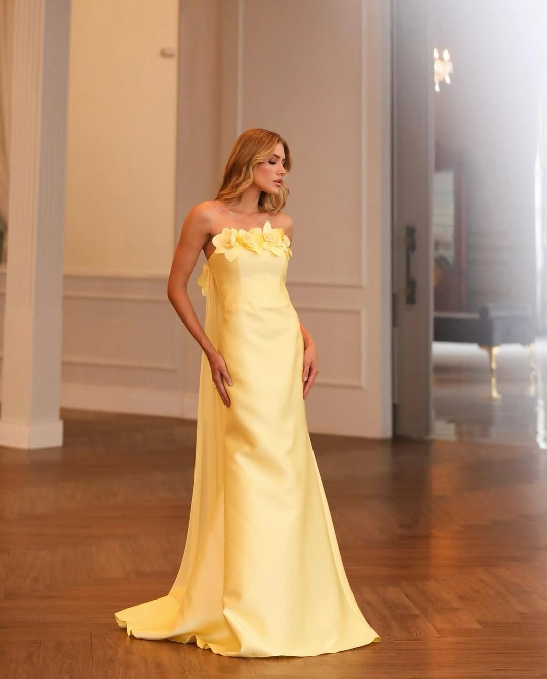 Charming Yellow Satin Strapless Applique Sleeveless Prom Dress with Train