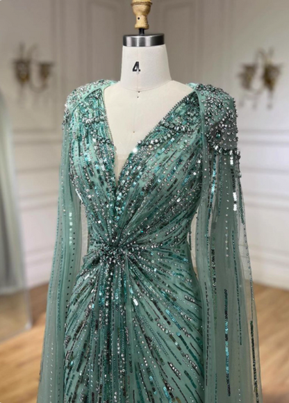 Gorgeous Mint Green Deep V Cape Beaded Sequin Tulle Long Prom Dress Evening Dress P4508