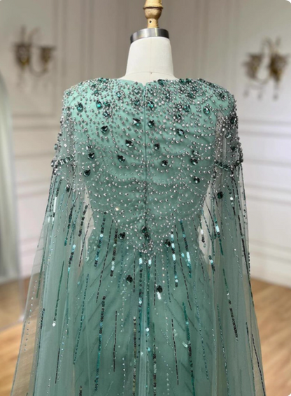 Gorgeous Mint Green Deep V Cape Beaded Sequin Tulle Long Prom Dress Evening Dress P4508