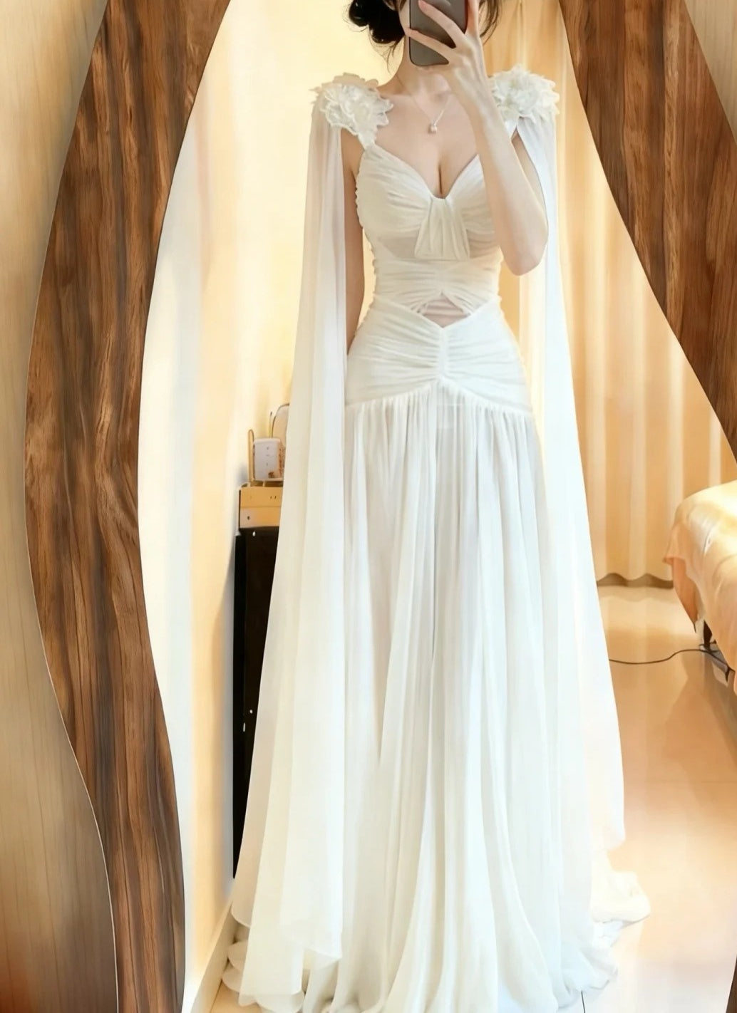 Charming Prom Dress White V-neck Pleated Formal Gala Gown Evening Dress Birthday Party Dress     D5081