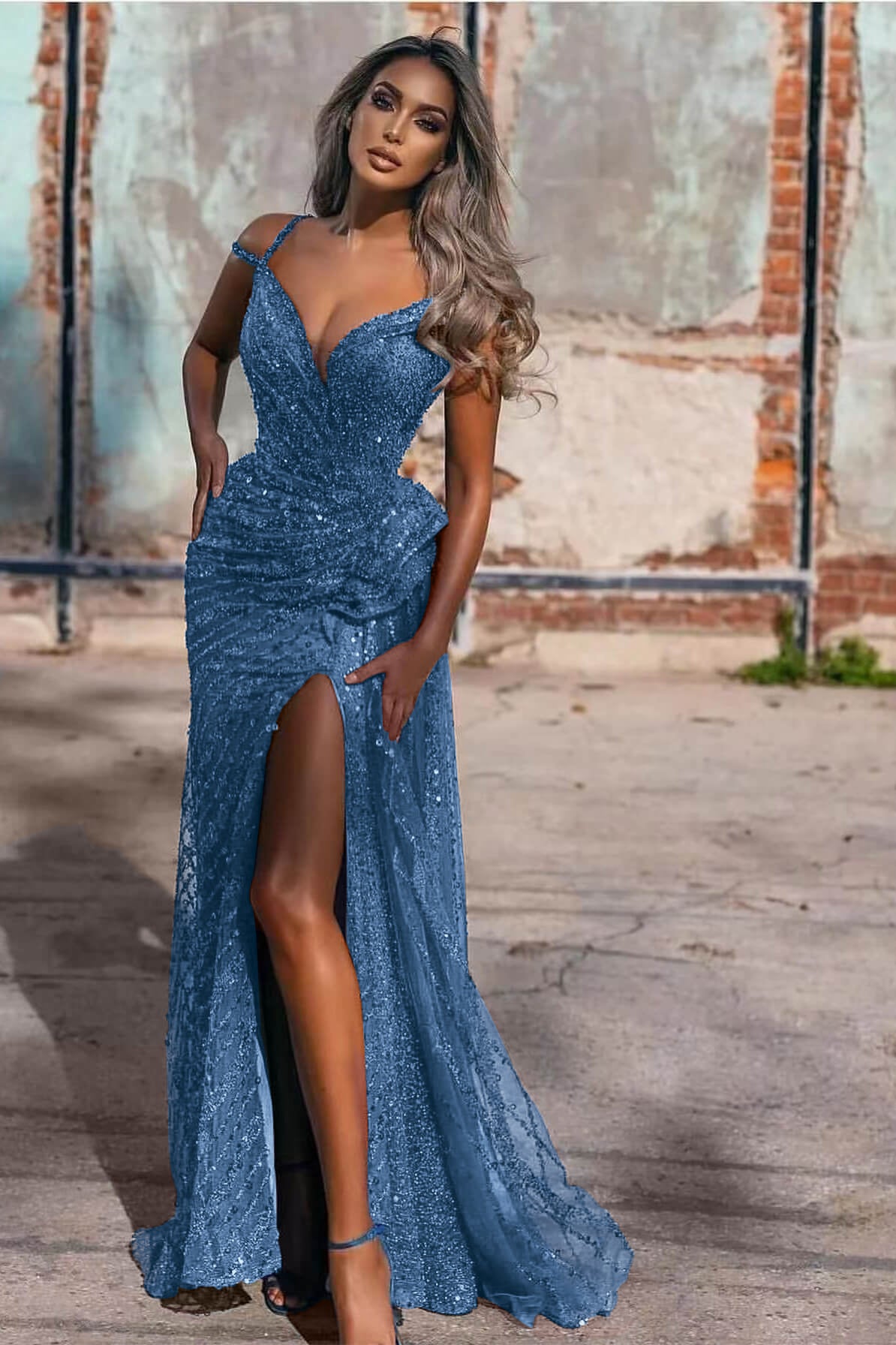 Royal Blue Off-The-Shoulder Evening Dress Split Mermaid Sequins