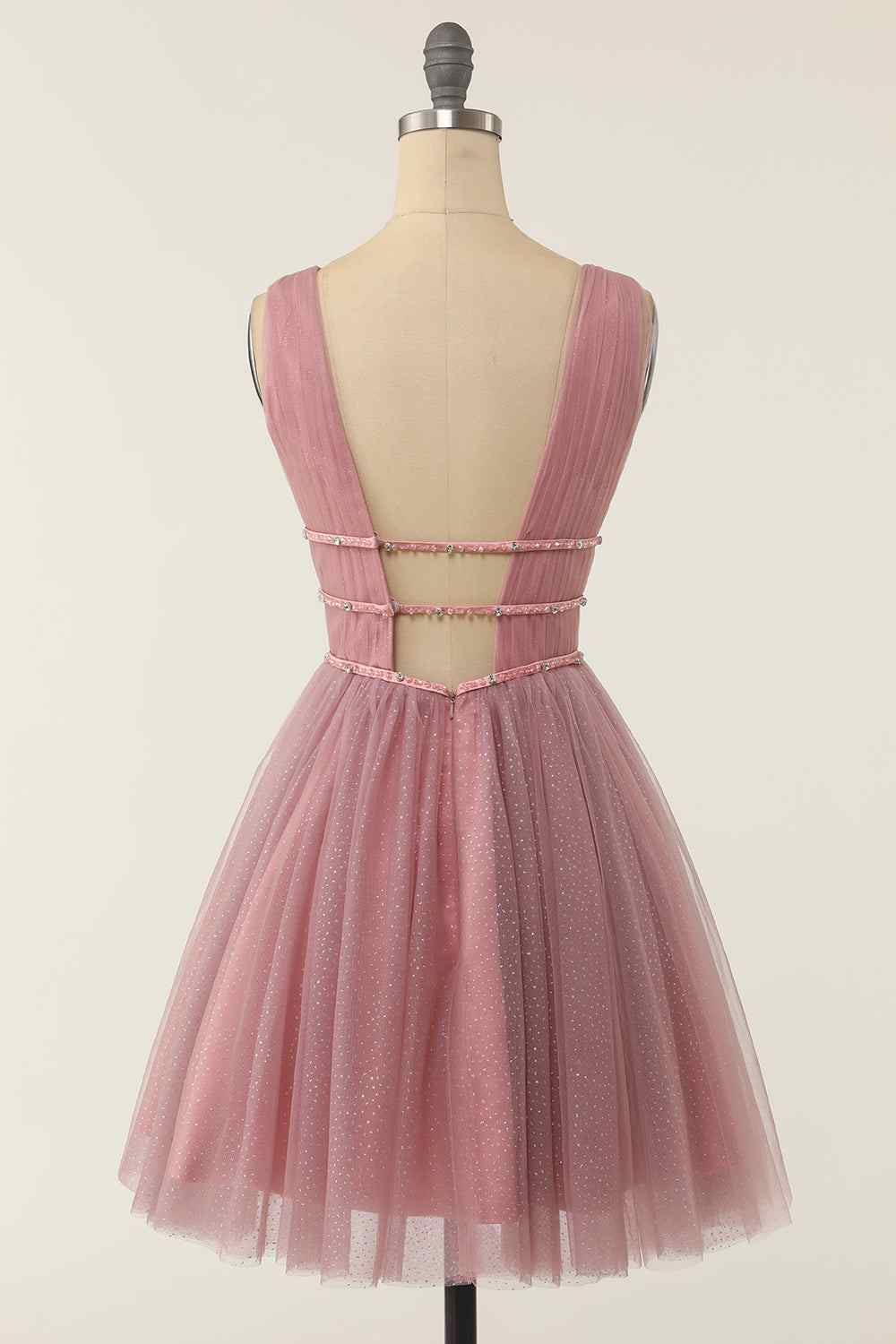 A-line V Neck Sleeveless Beaded Mini Homecoming Dress