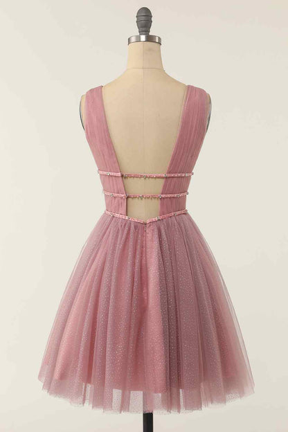 A-line V Neck Sleeveless Beaded Mini Homecoming Dress