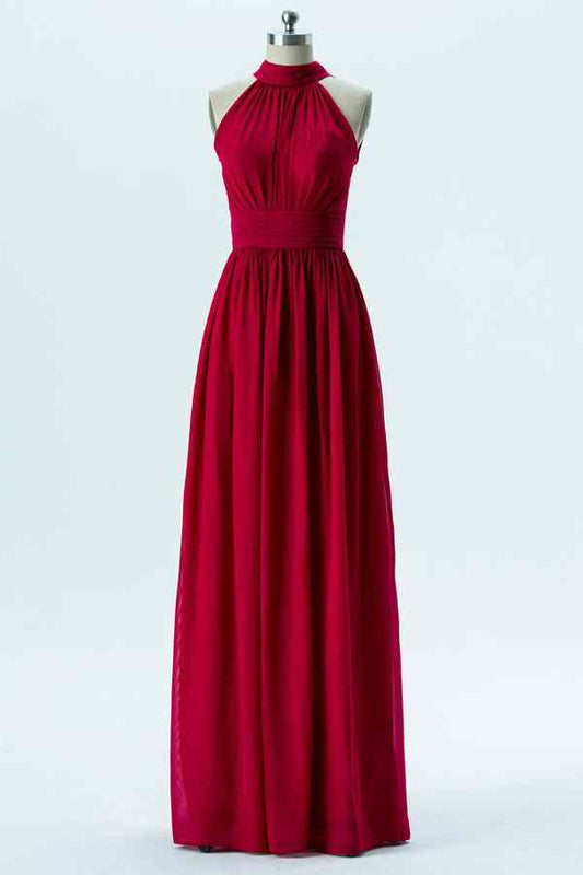 Red A-line Bow Tie Back Pleated Chiffon Long Bridesmaid Dress