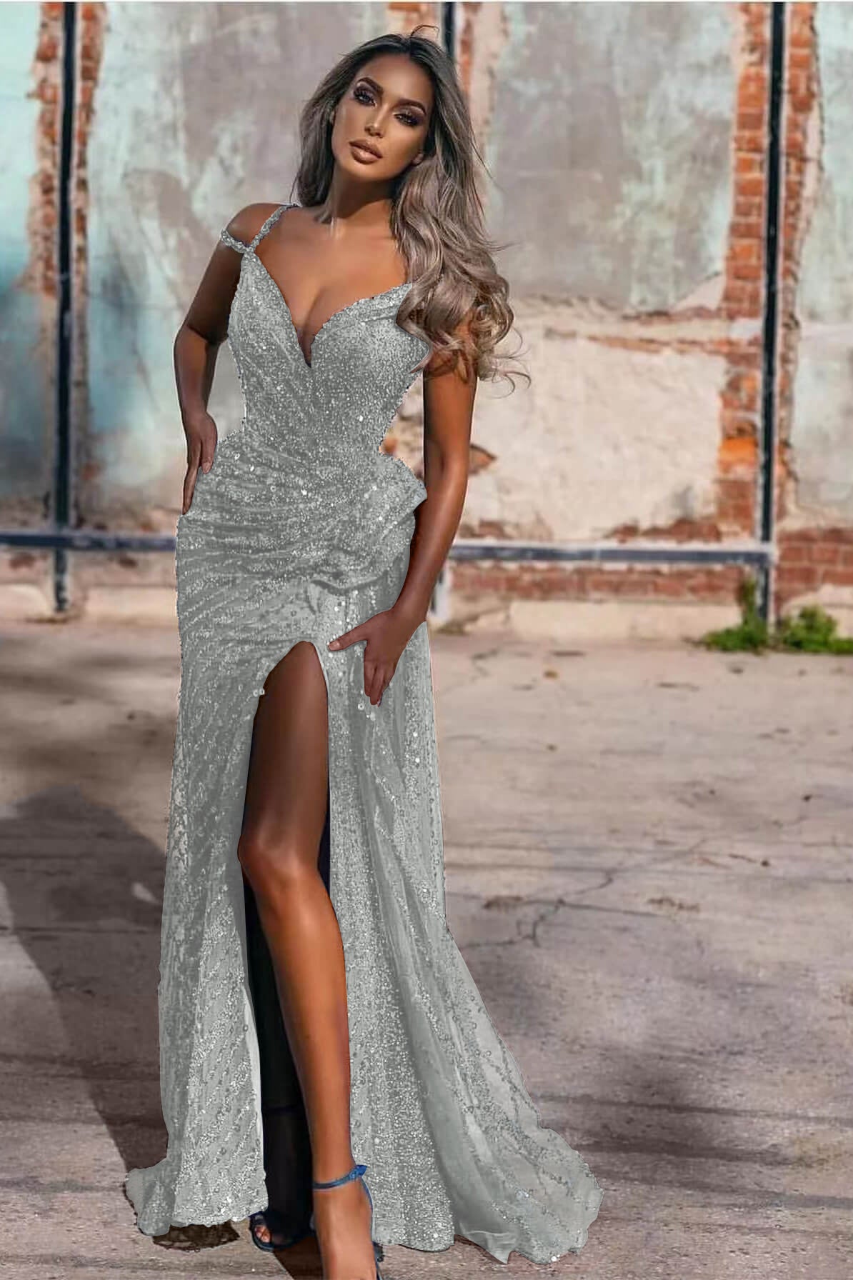 Royal Blue Off-The-Shoulder Evening Dress Split Mermaid Sequins