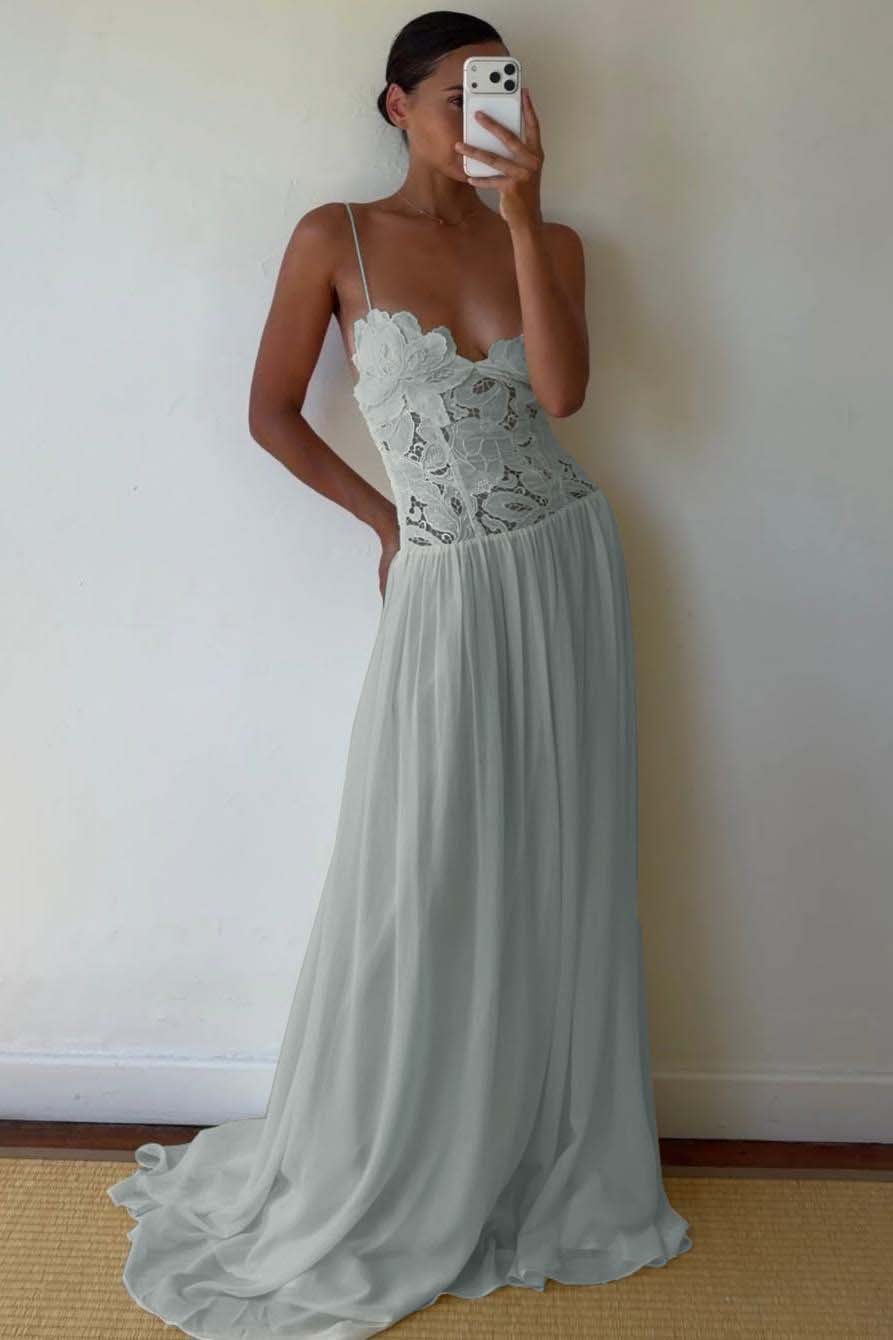 Lace And Chiffon V-Neck Spaghetti Straps Long A-Line Evening Dress With Pleated