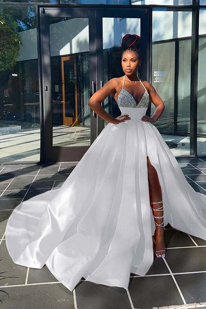 Glamorous Yellow Sequins V-Neck A-Line Prom Dress  Sleeveless With Split