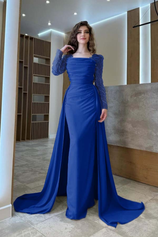 Gentle Beaded Long Sleeves Prom Dress With Detachable Trail