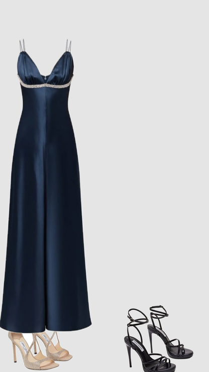 Dark Navy Straps A-Line Satin Long Party Dress Formal Evening Dress, D824