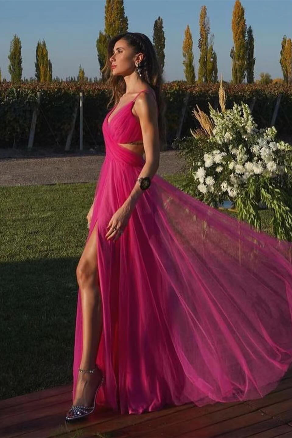 Fuchsia Spaghetti-Straps A Line Prom Dress Tulle With Split